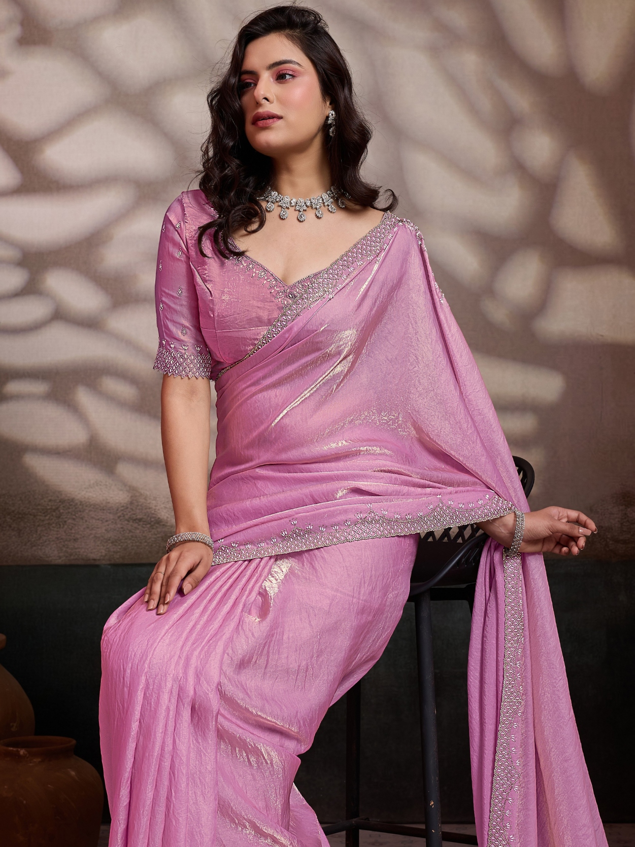 Pink Cutdana Zarkan Velvet Satin Saree — alternate view