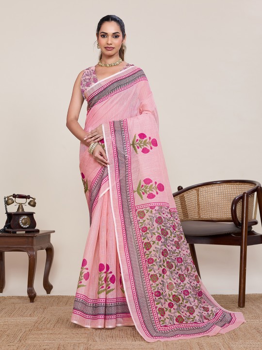 Pink Dark Pink Linen Silk Printed Saree