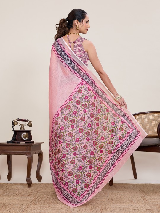 Pink Dark Pink Linen Silk Printed Saree — alternate view
