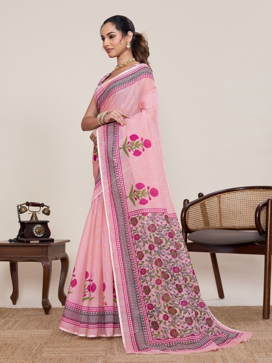 Pink Dark Pink Linen Silk Printed Saree