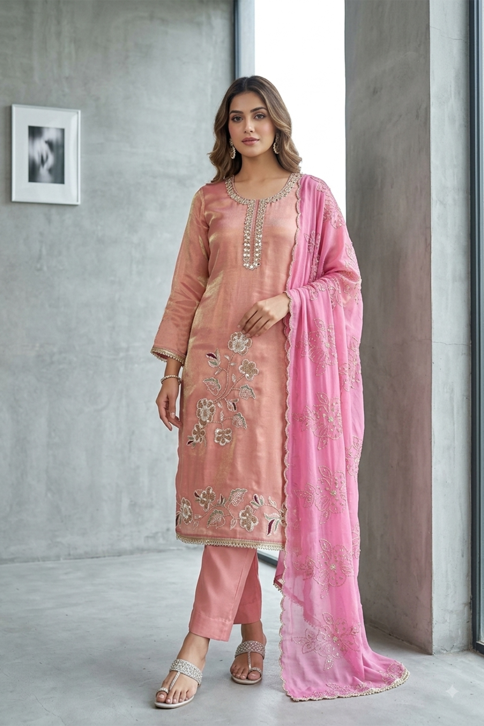 Pink Designer Bits Embroidery Salsa Straight Suit