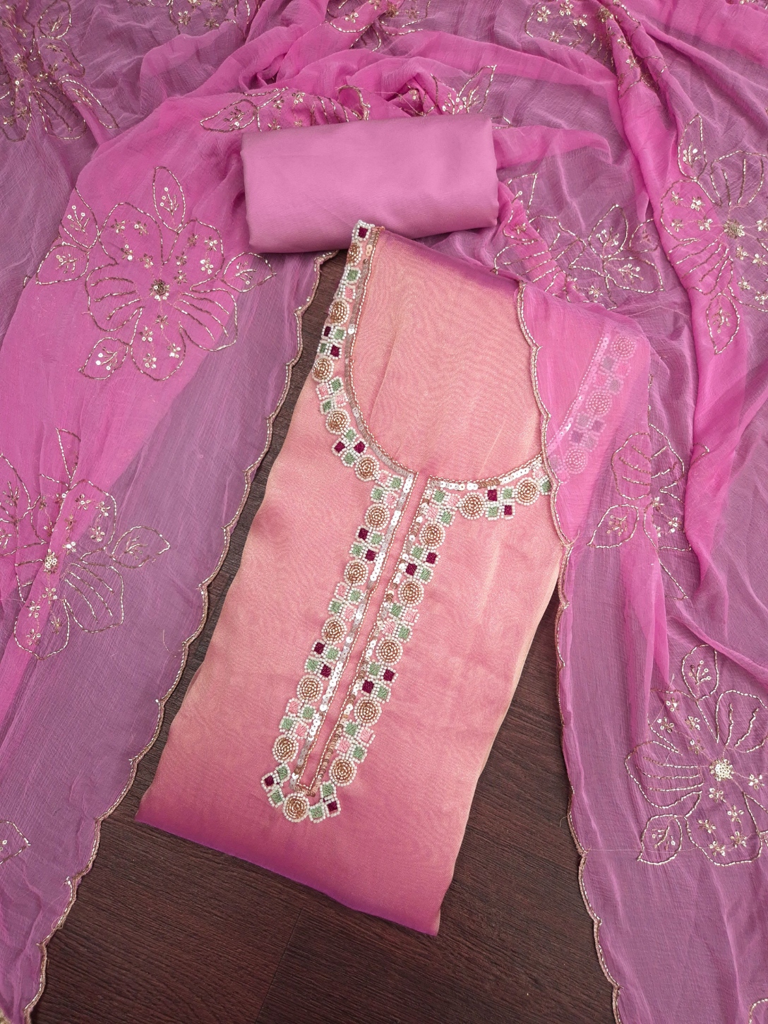 Pink Designer Bits Embroidery Salsa Straight Suit