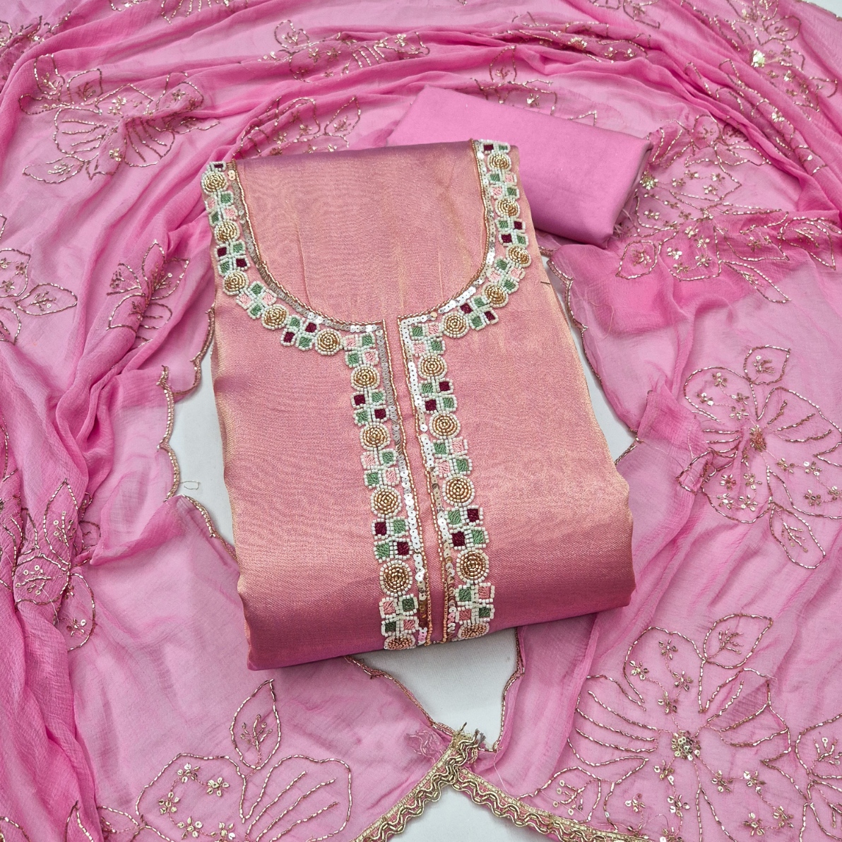 Pink Designer Bits Embroidery Salsa Straight Suit