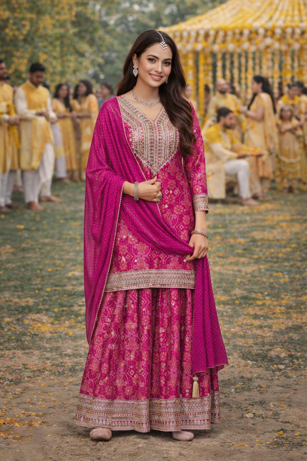Pink Designer Embroidered Chinon Silk Palazzo Suit