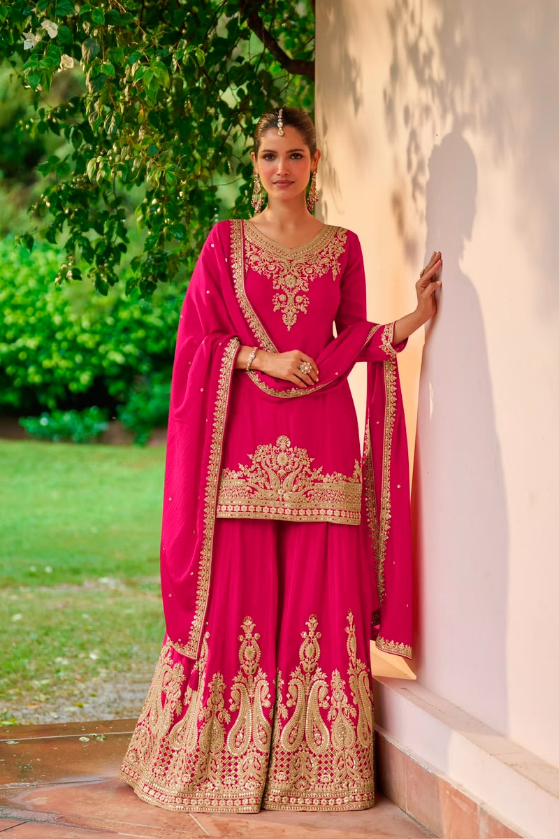 Pink Designer Embroidery Chinon Palazzo Suit