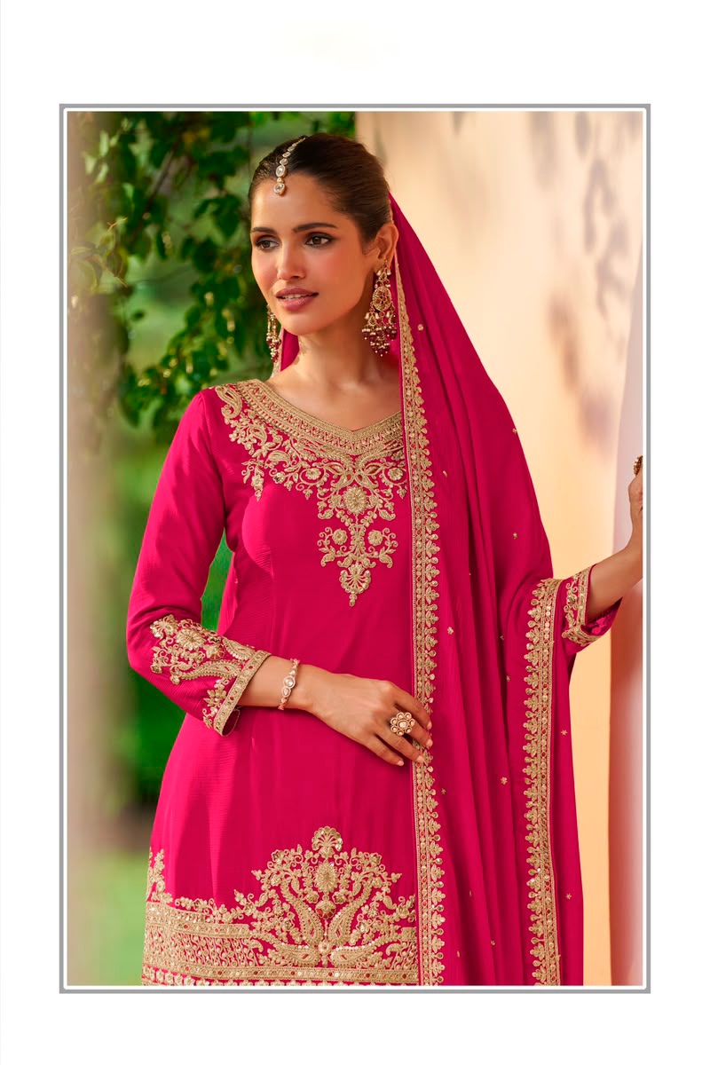 Pink Designer Embroidery Chinon Palazzo Suit — alternate view