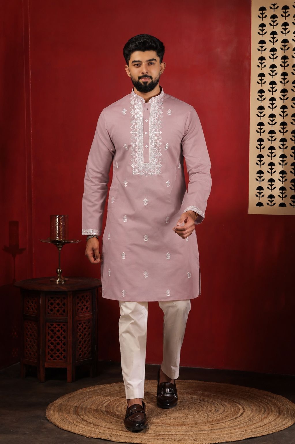 Pink Designer Embroidery Cotton Kurta Pyjama