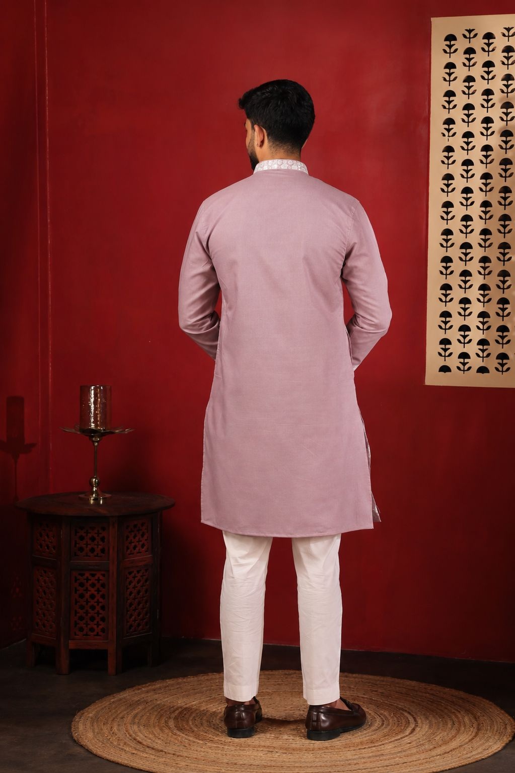 Pink Designer Embroidery Cotton Kurta Pyjama — alternate view