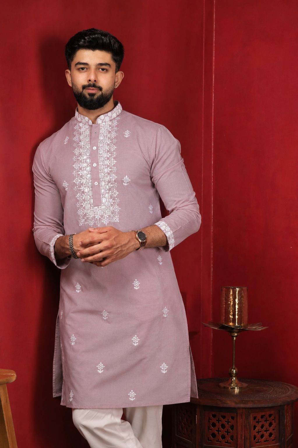 Pink Designer Embroidery Cotton Kurta Pyjama