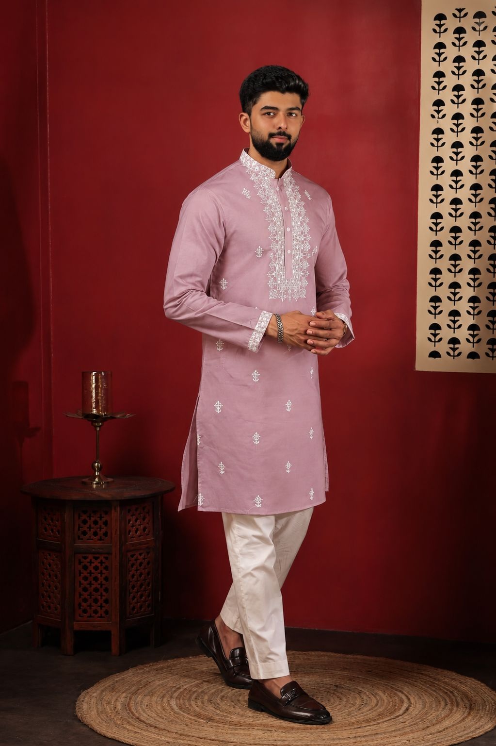 Pink Designer Embroidery Cotton Kurta Pyjama