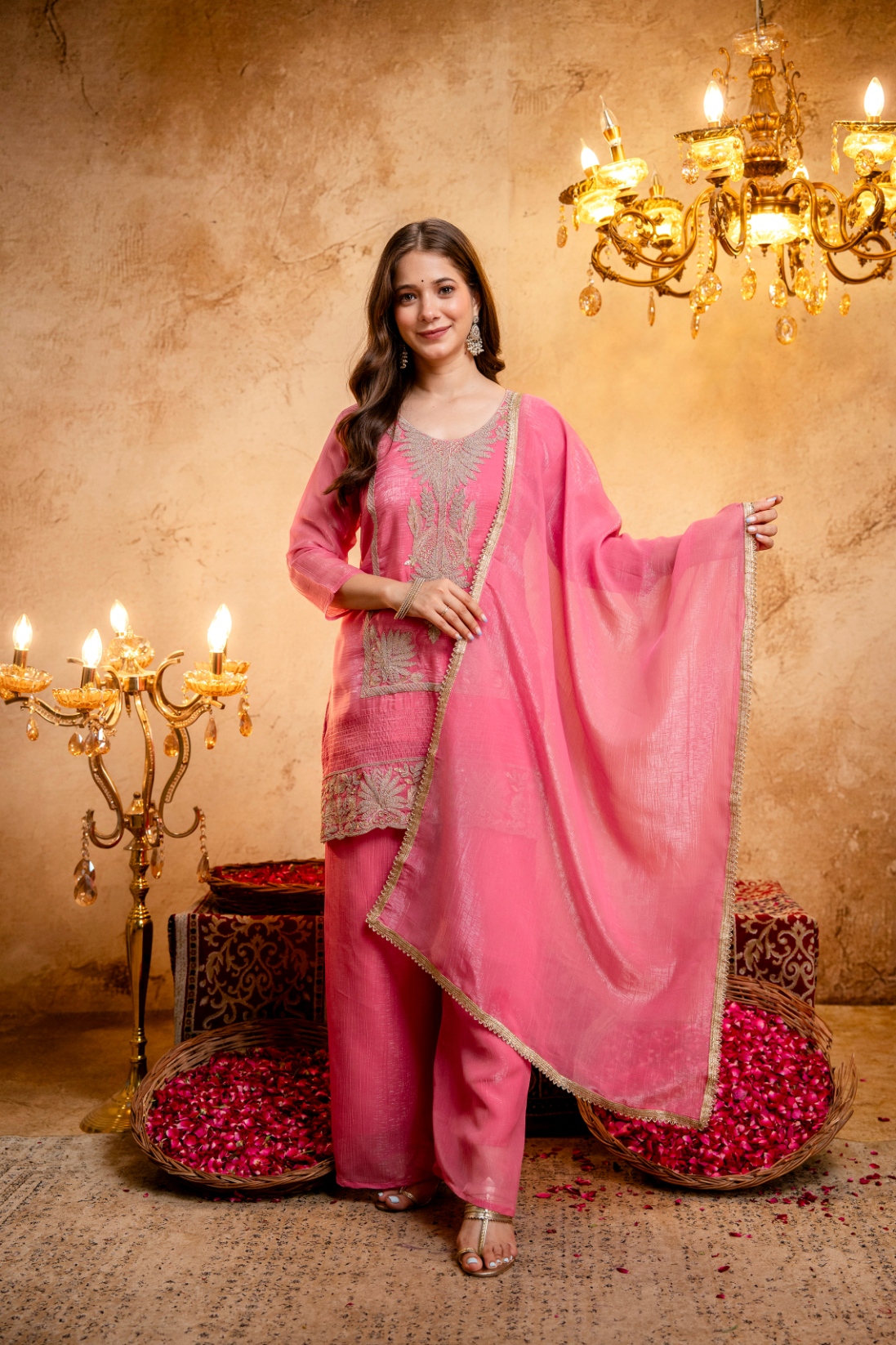 Pink Designer Embroidery Crunchy Palazzo Suit