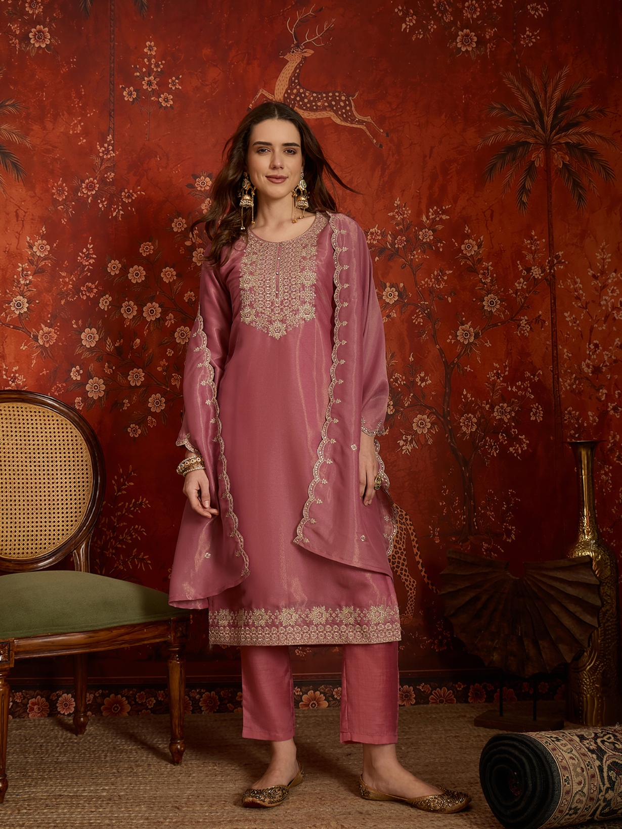 Pink Designer Embroidery Silk Straight Suit