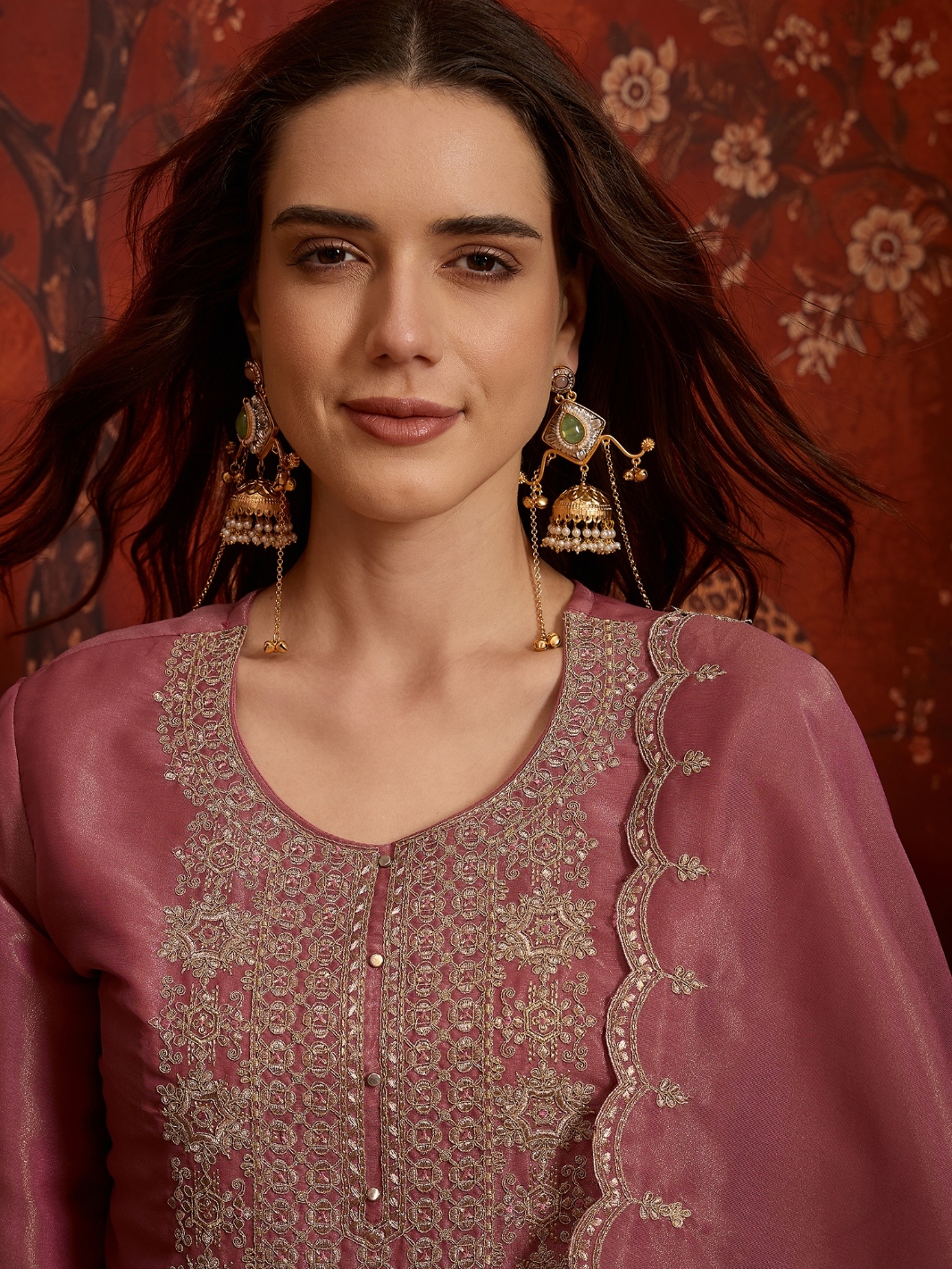 Pink Designer Embroidery Silk Straight Suit