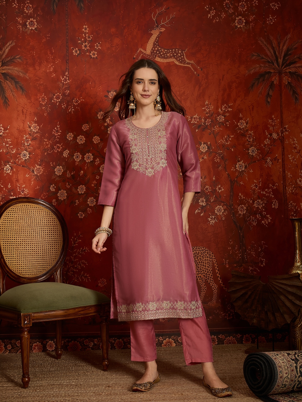 Pink Designer Embroidery Silk Straight Suit