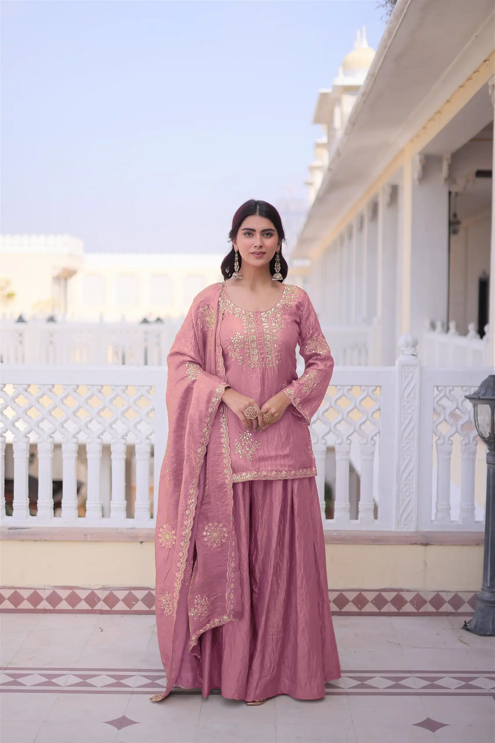 Pink Designer Embroidery Work Fendy Palazzo Suit