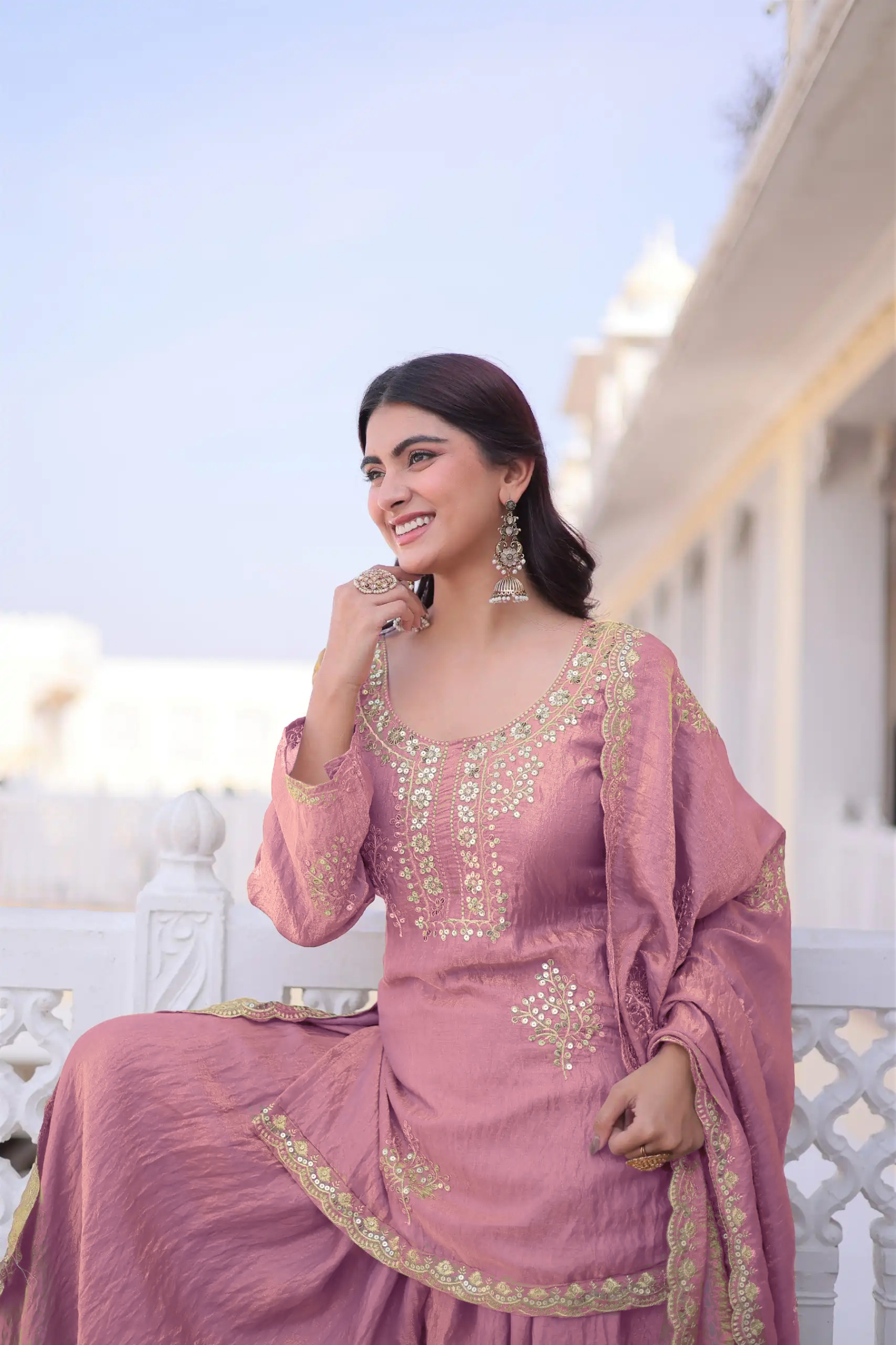 Pink Designer Embroidery Work Fendy Palazzo Suit