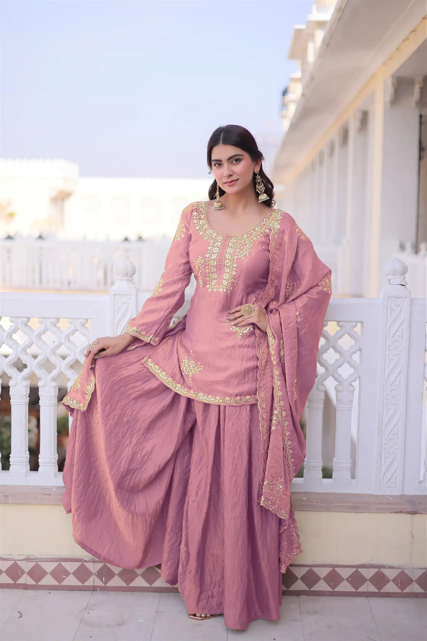 Pink Designer Embroidery Work Fendy Palazzo Suit