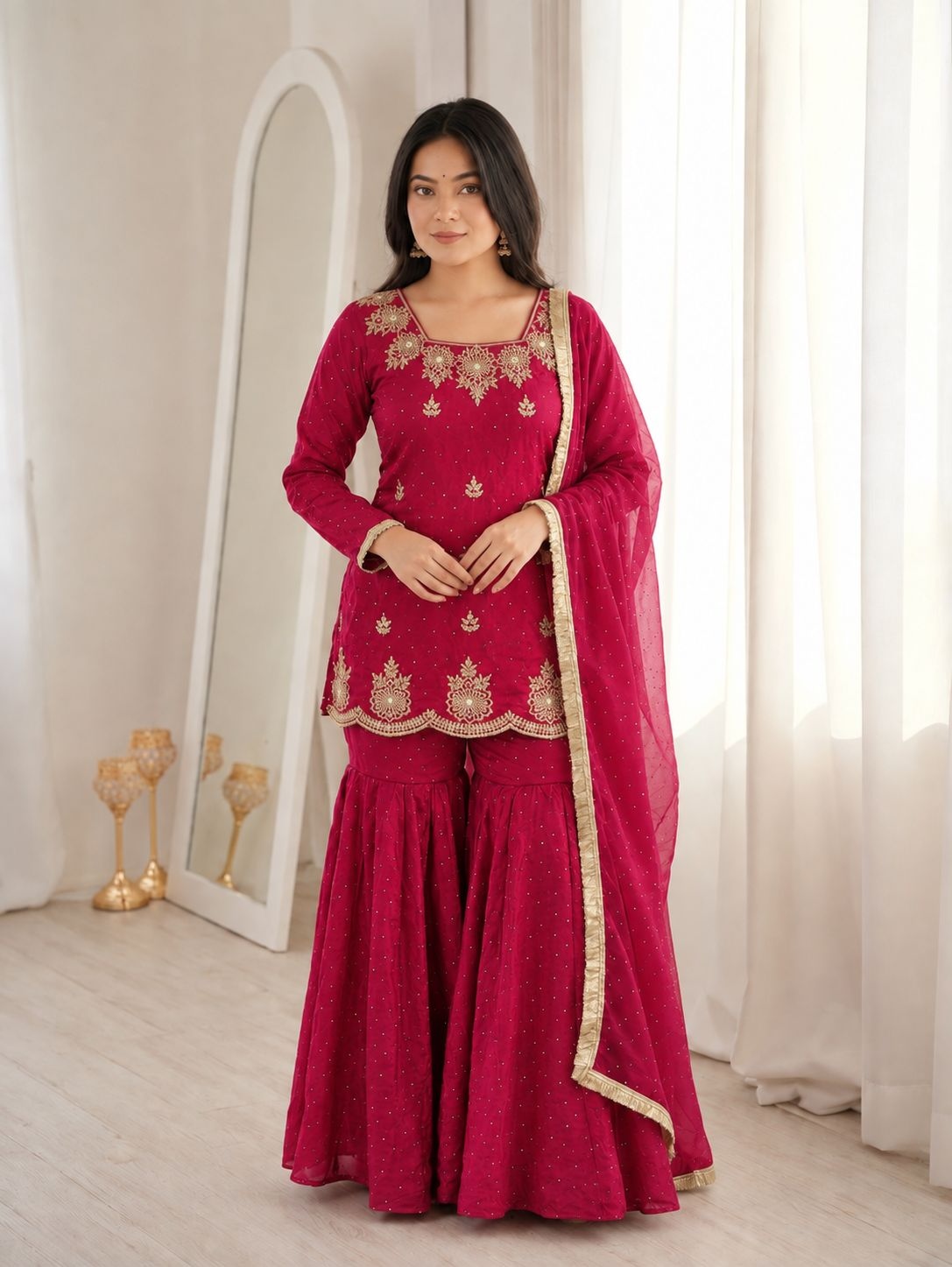 Pink Designer Embroidery Work Fendy Sharara Suit