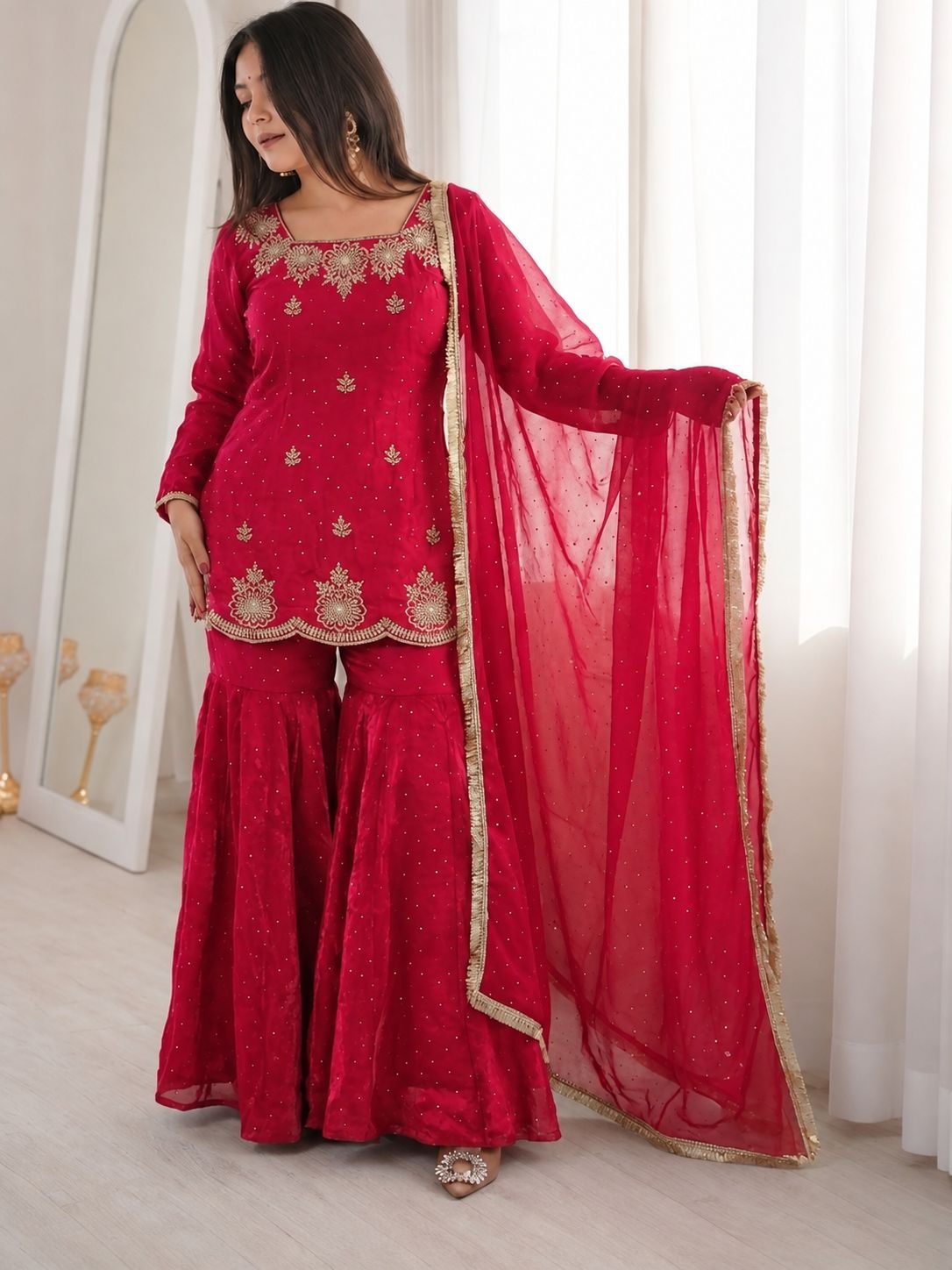 Pink Designer Embroidery Work Fendy Sharara Suit — alternate view