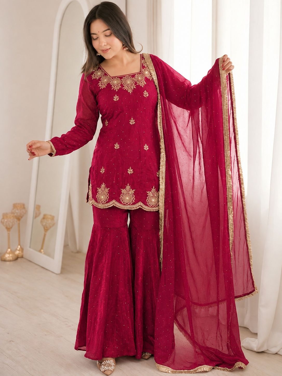 Pink Designer Embroidery Work Fendy Sharara Suit