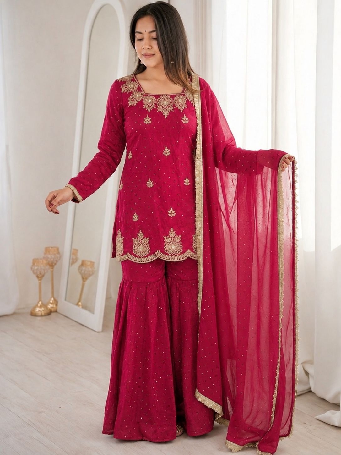 Pink Designer Embroidery Work Fendy Sharara Suit