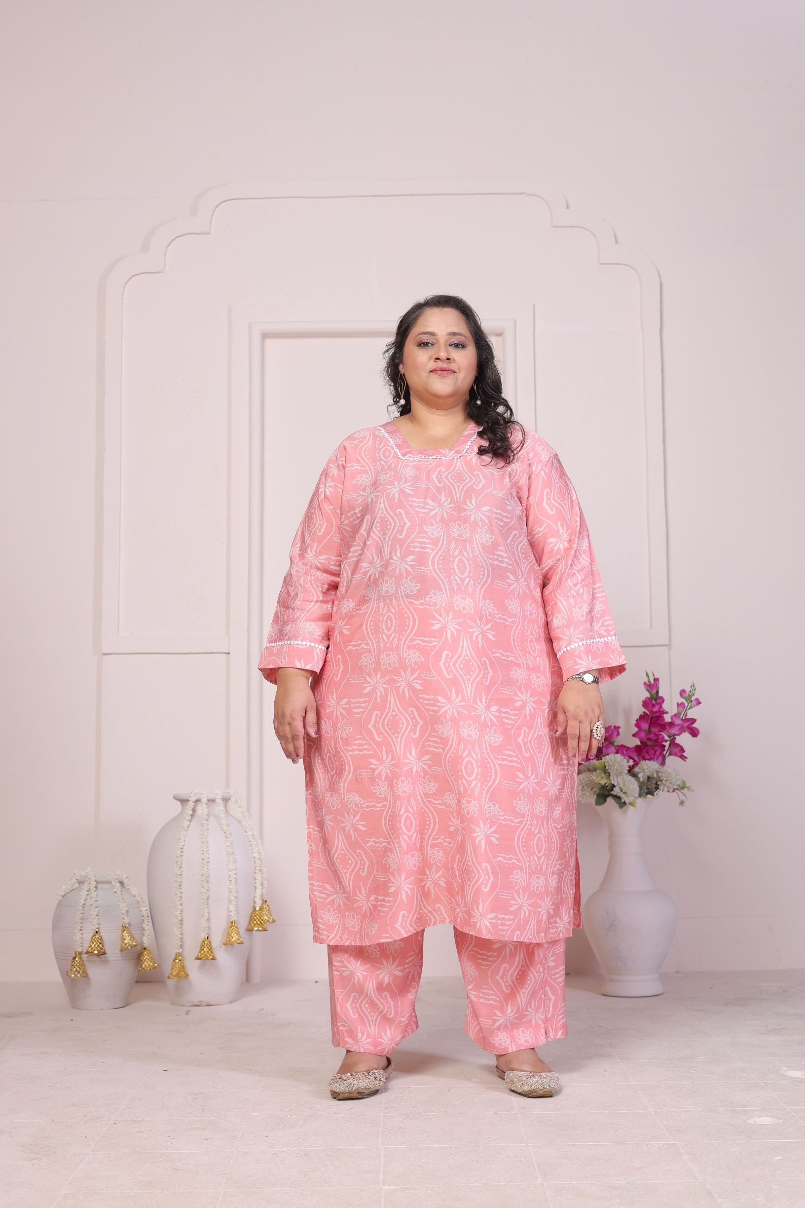 Pink Designer Printed Viscose Chanderi Kurti