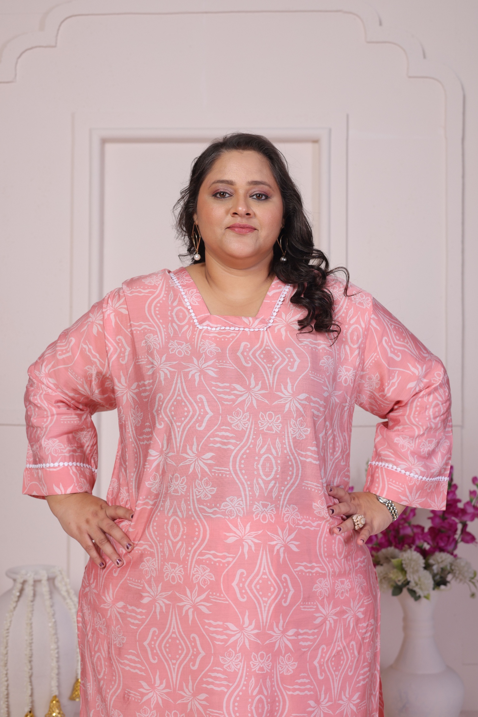 Pink Designer Printed Viscose Chanderi Kurti