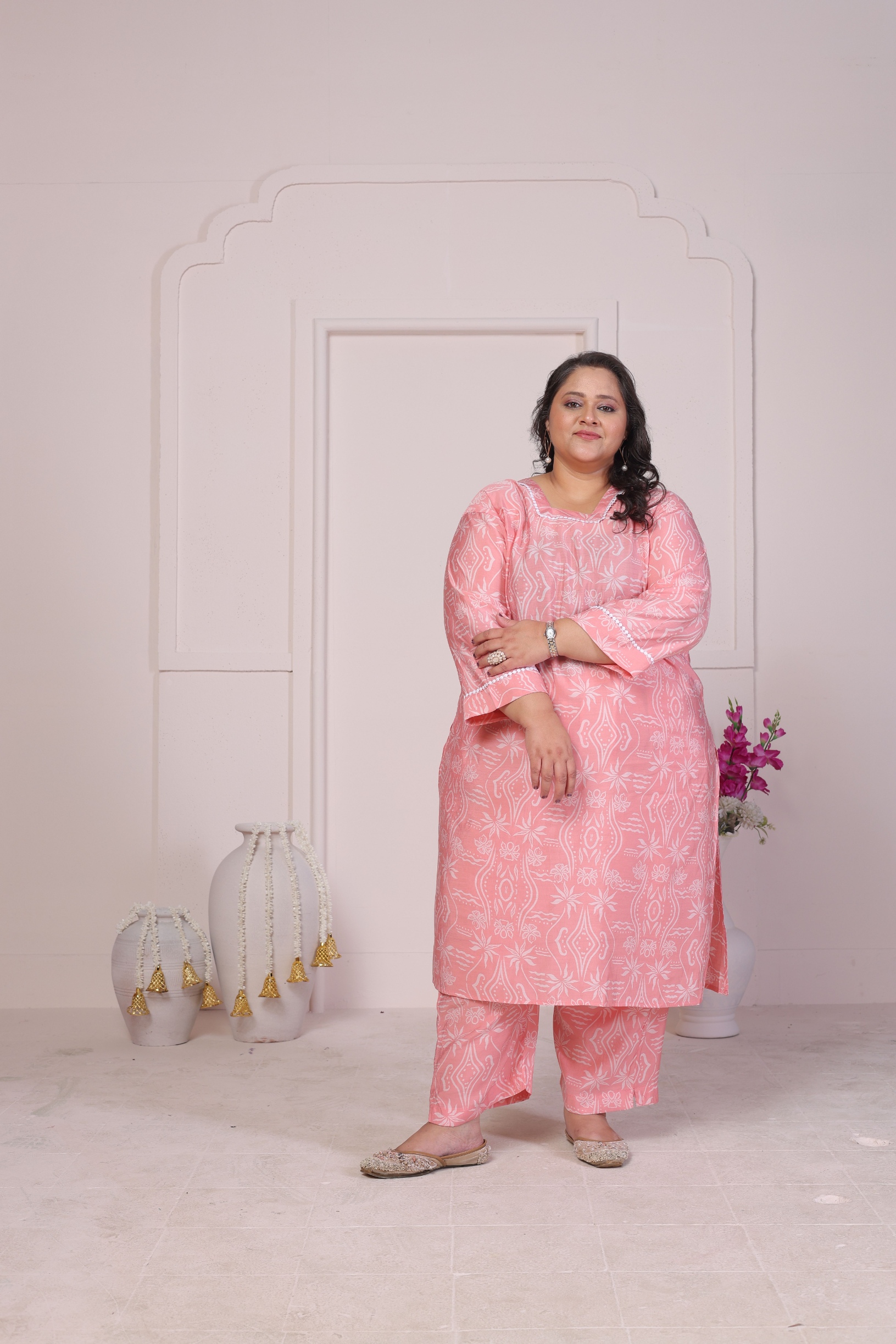 Pink Designer Printed Viscose Chanderi Kurti