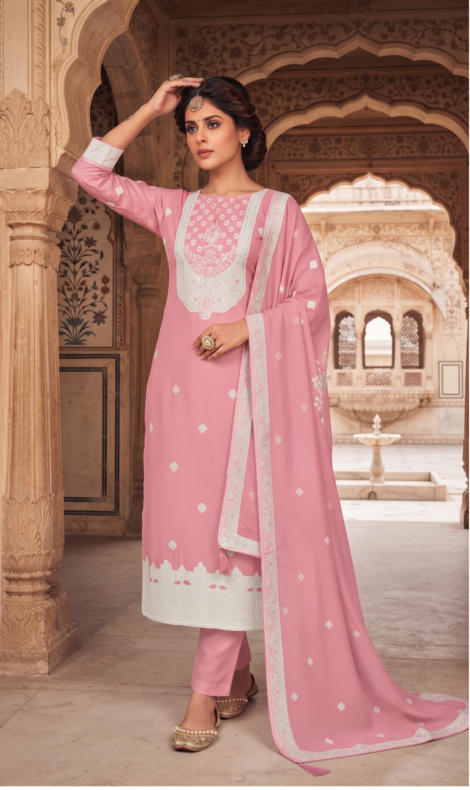 Pink Diamond Embroidered Organza Straight Suit