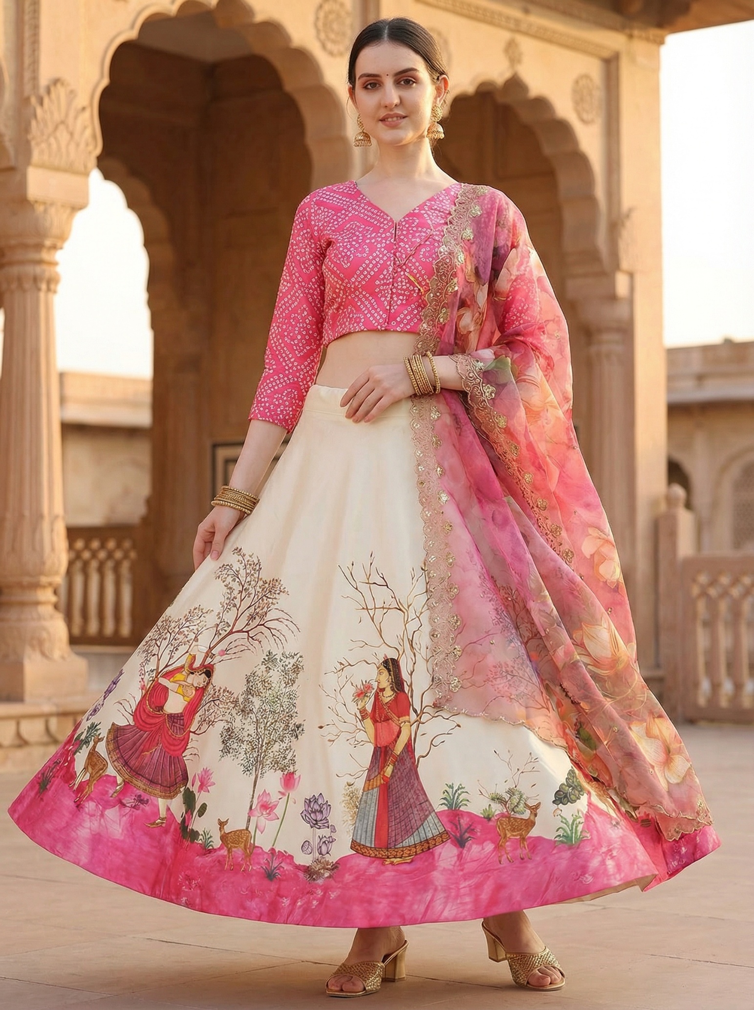 Pink Digital Print Designer Satin Silk Lehenga Choli