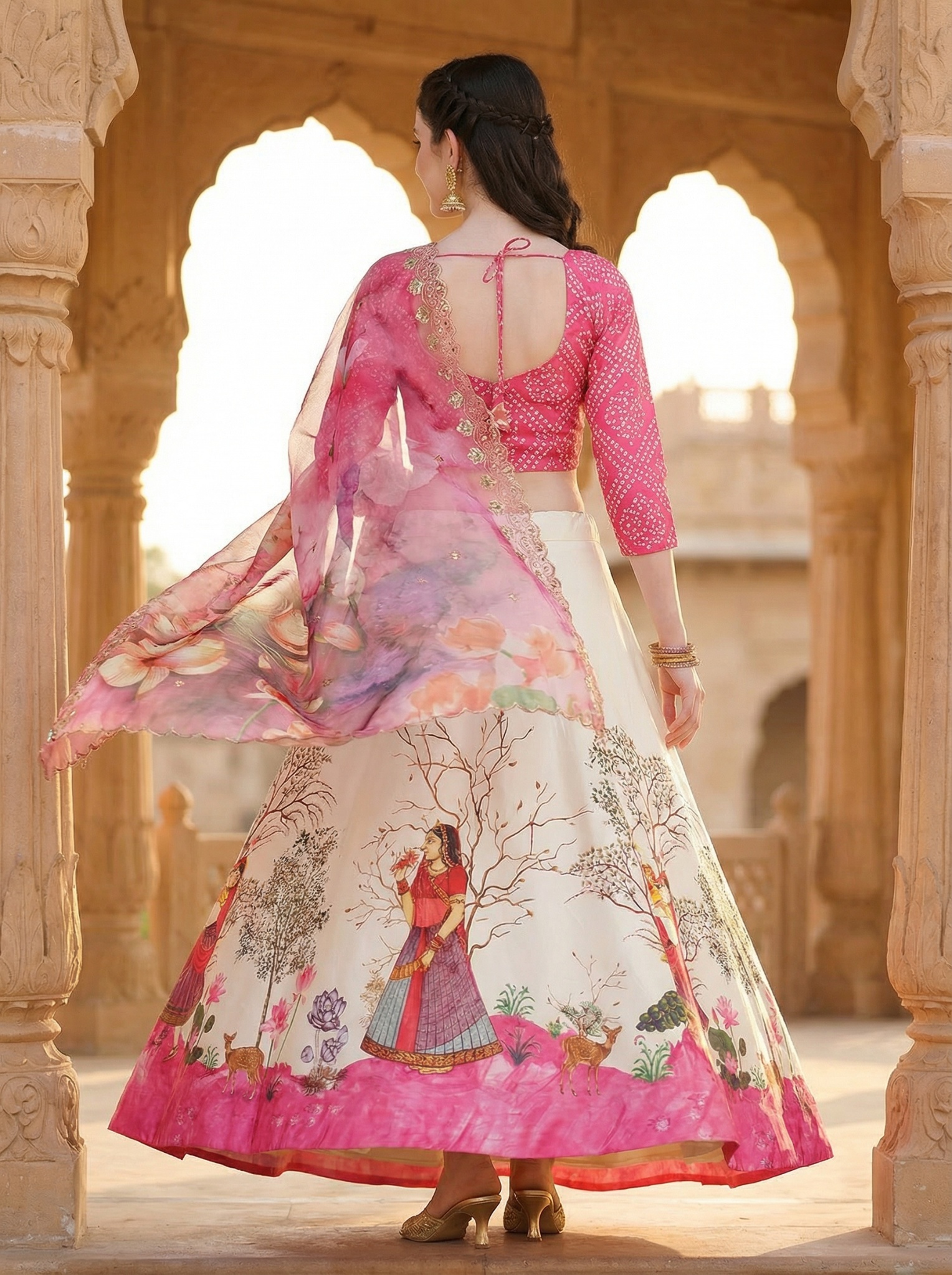 Pink Digital Print Designer Satin Silk Lehenga Choli — alternate view