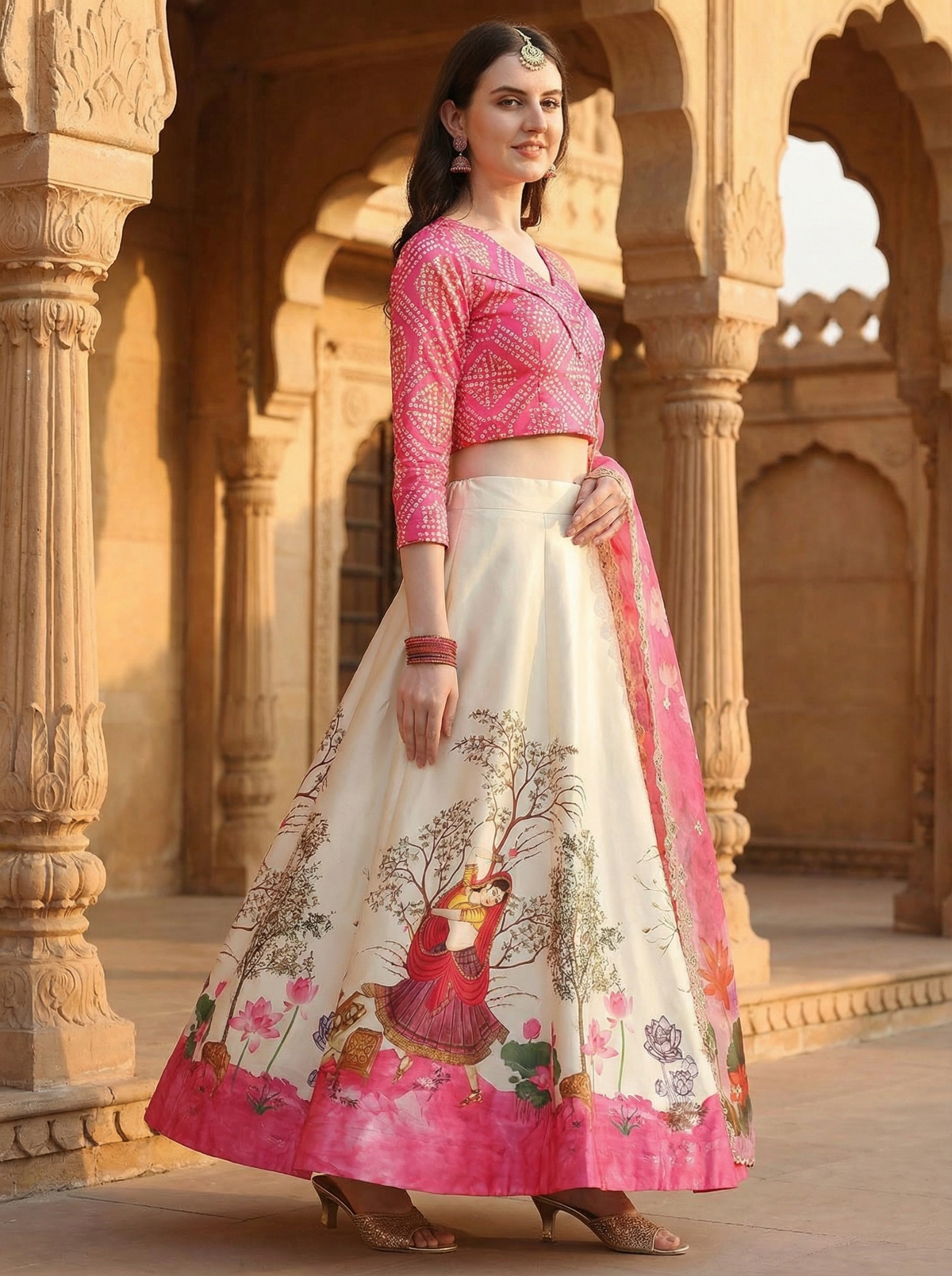 Pink Digital Print Designer Satin Silk Lehenga Choli