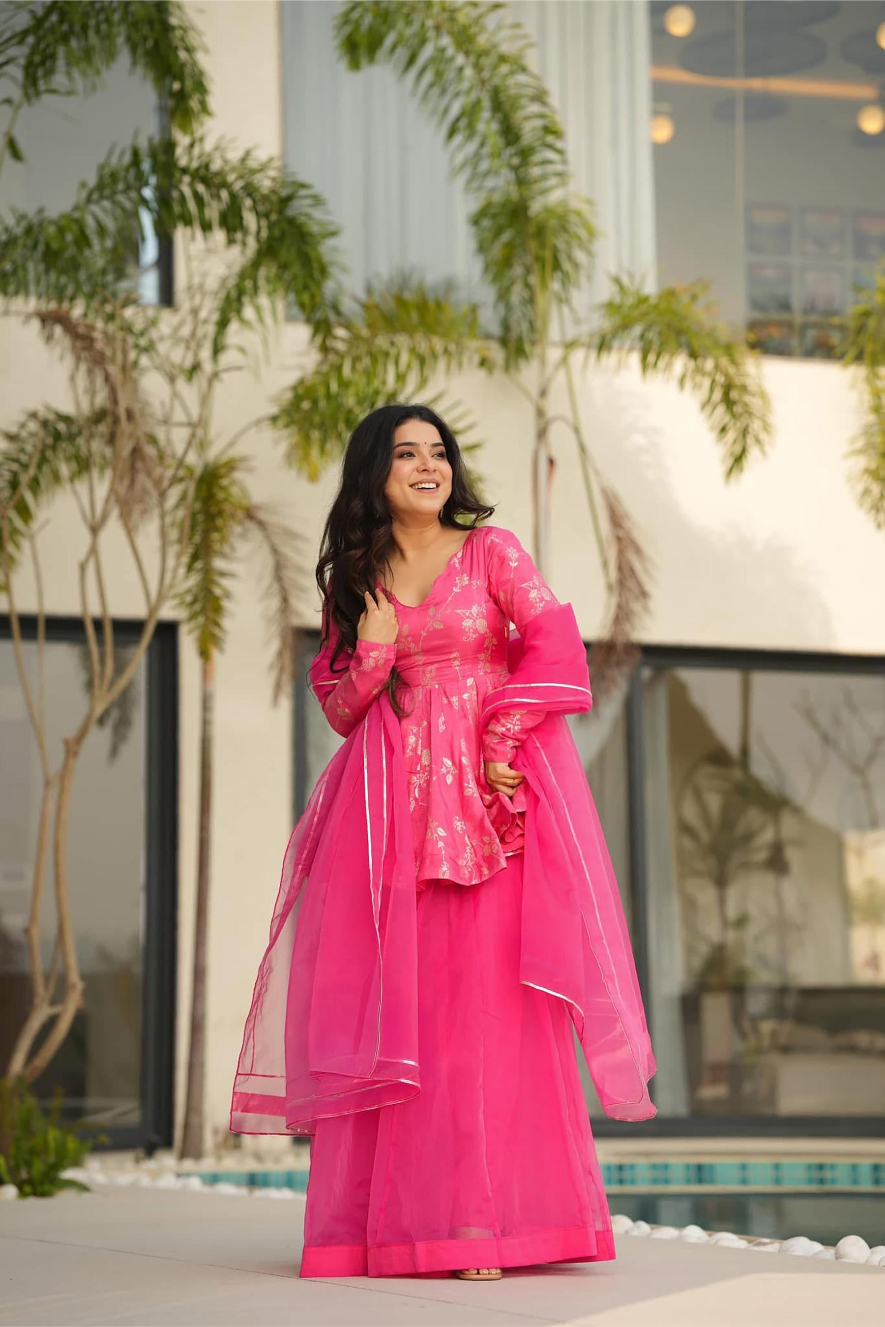 Pink Digital Printed Silk Sharara Suit