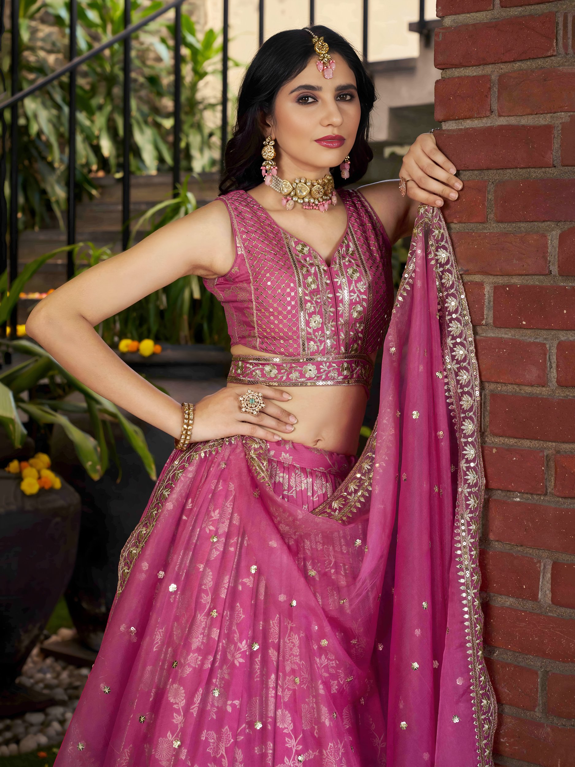 Pink Dola Silk Jacquard Bridal Lehenga