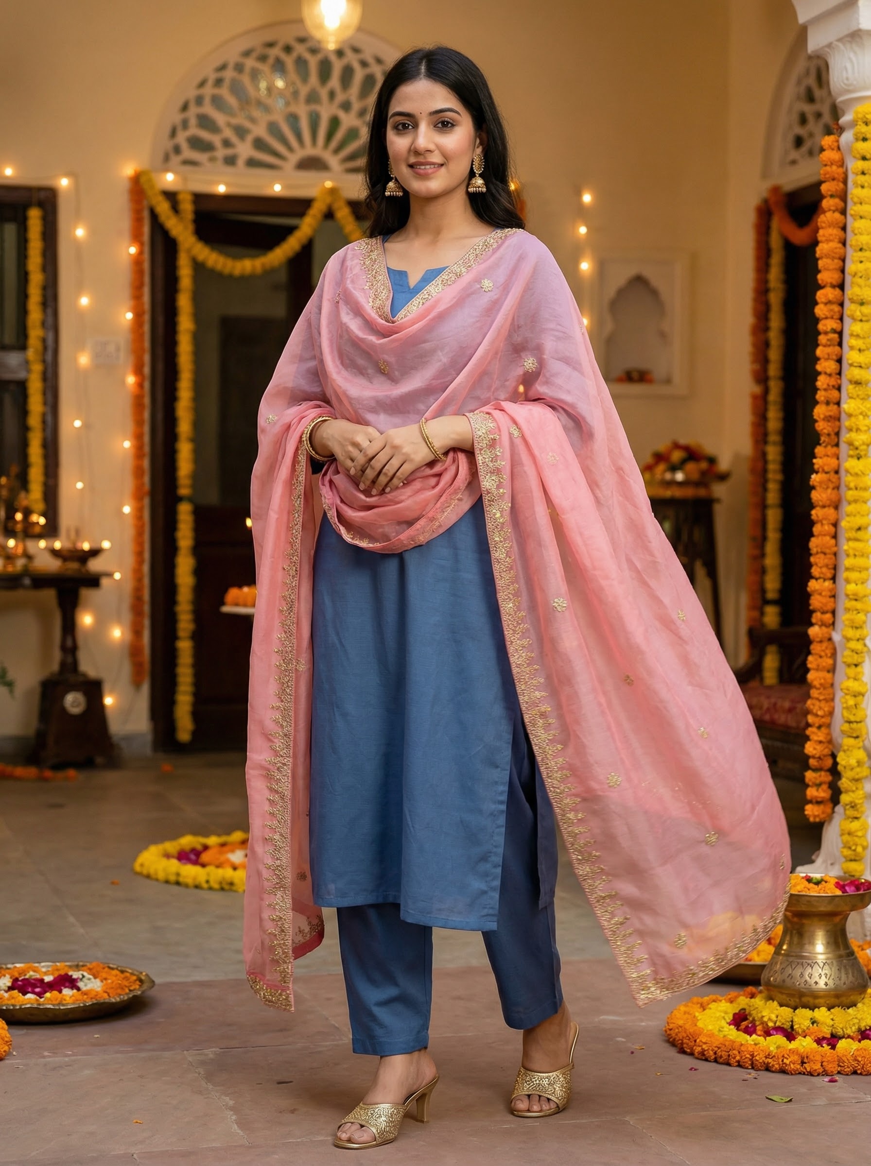Pink Dori Embroidered Organza Dupatta