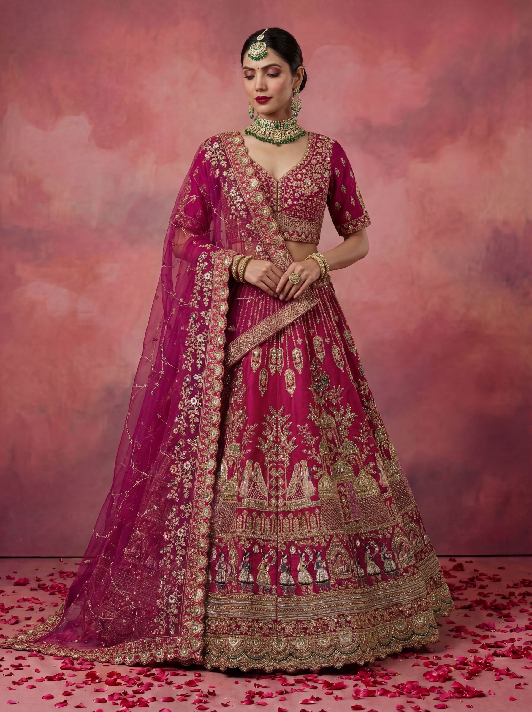 Pink Dori Zari Sequins Embroidered Silk Lehenga Choli