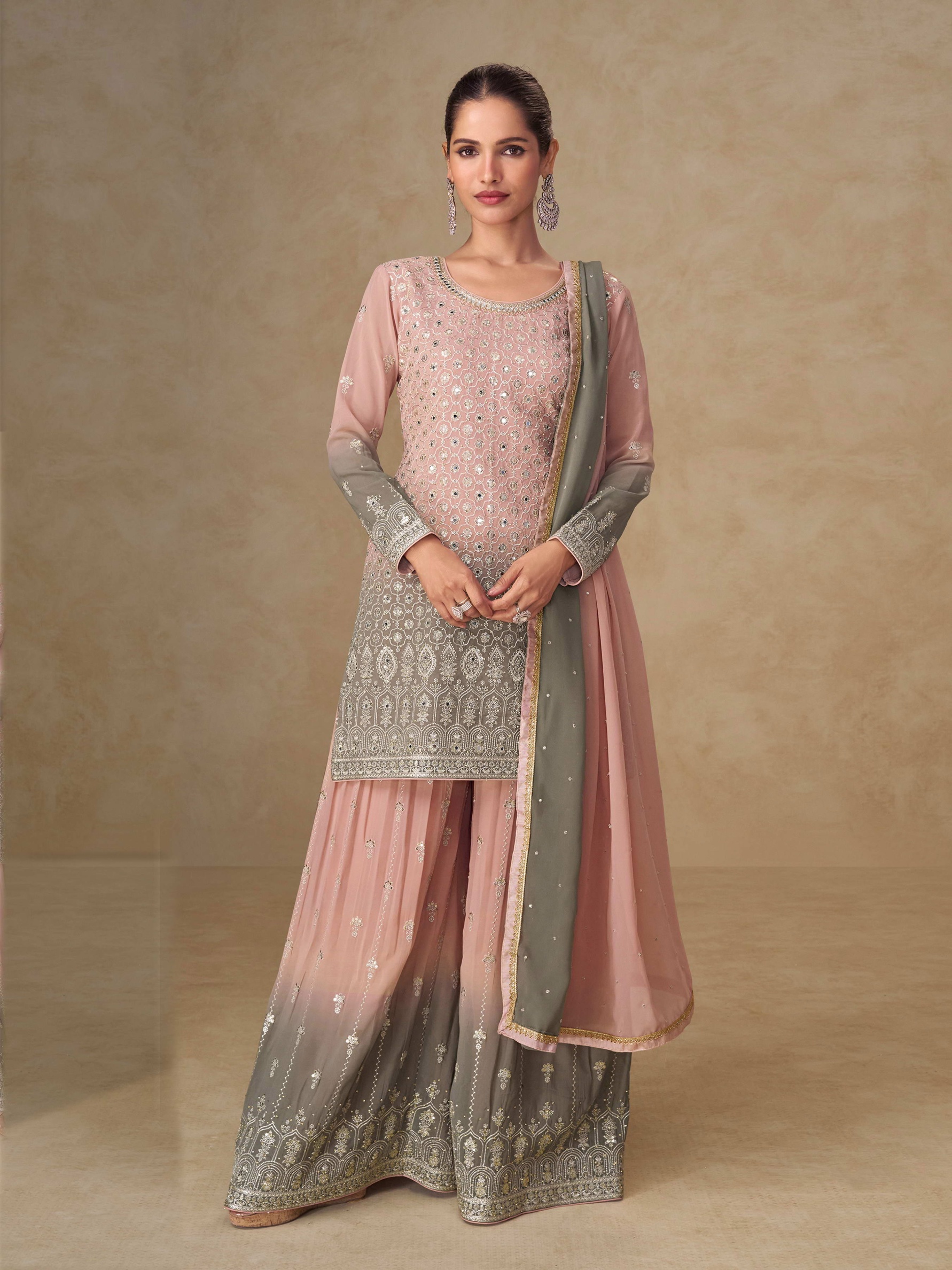 Pink Dual Tone Floral Jaal Designer Embroidery Georgette Palazzo Suit