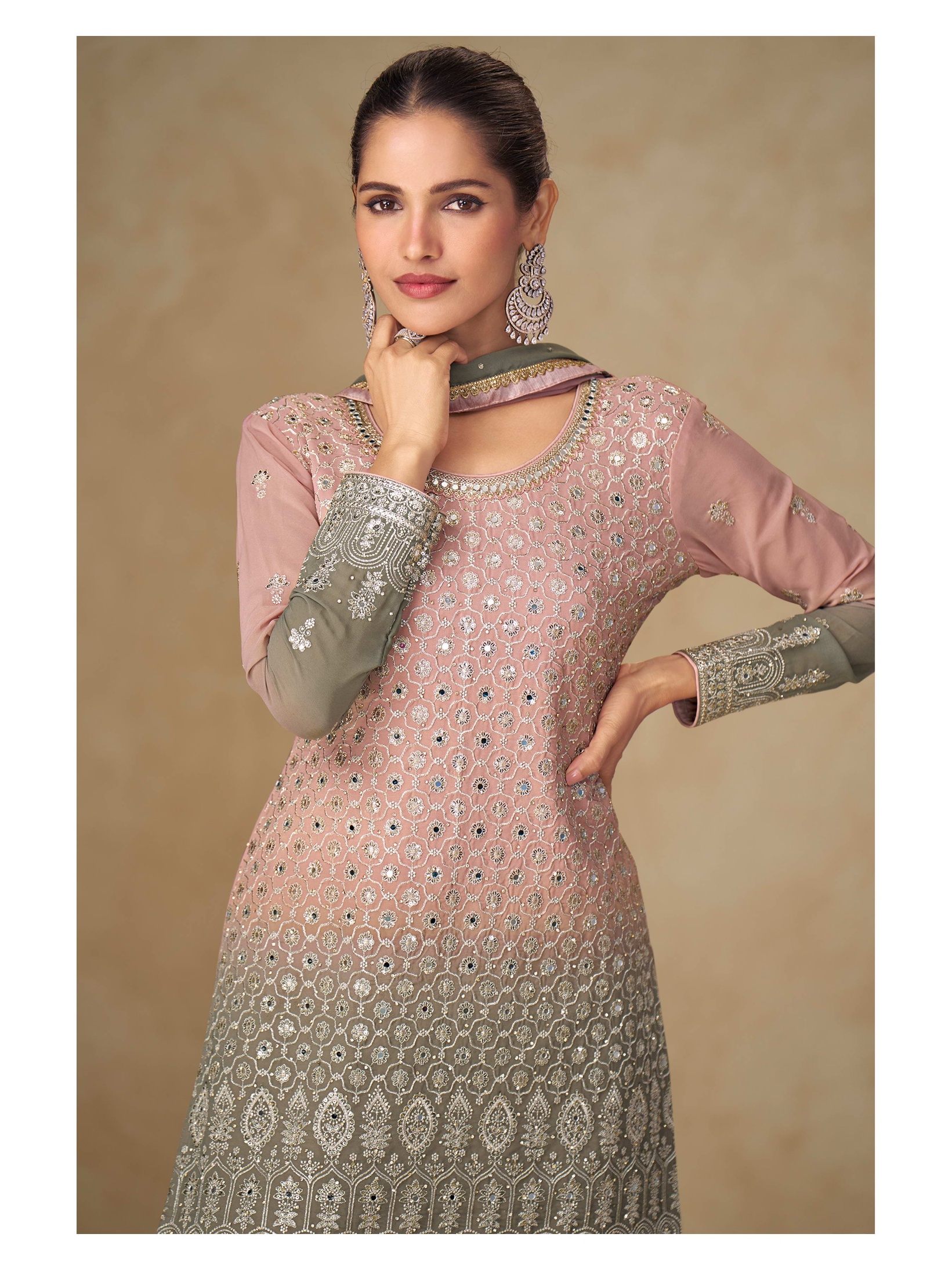 Pink Dual Tone Floral Jaal Designer Embroidery Georgette Palazzo Suit