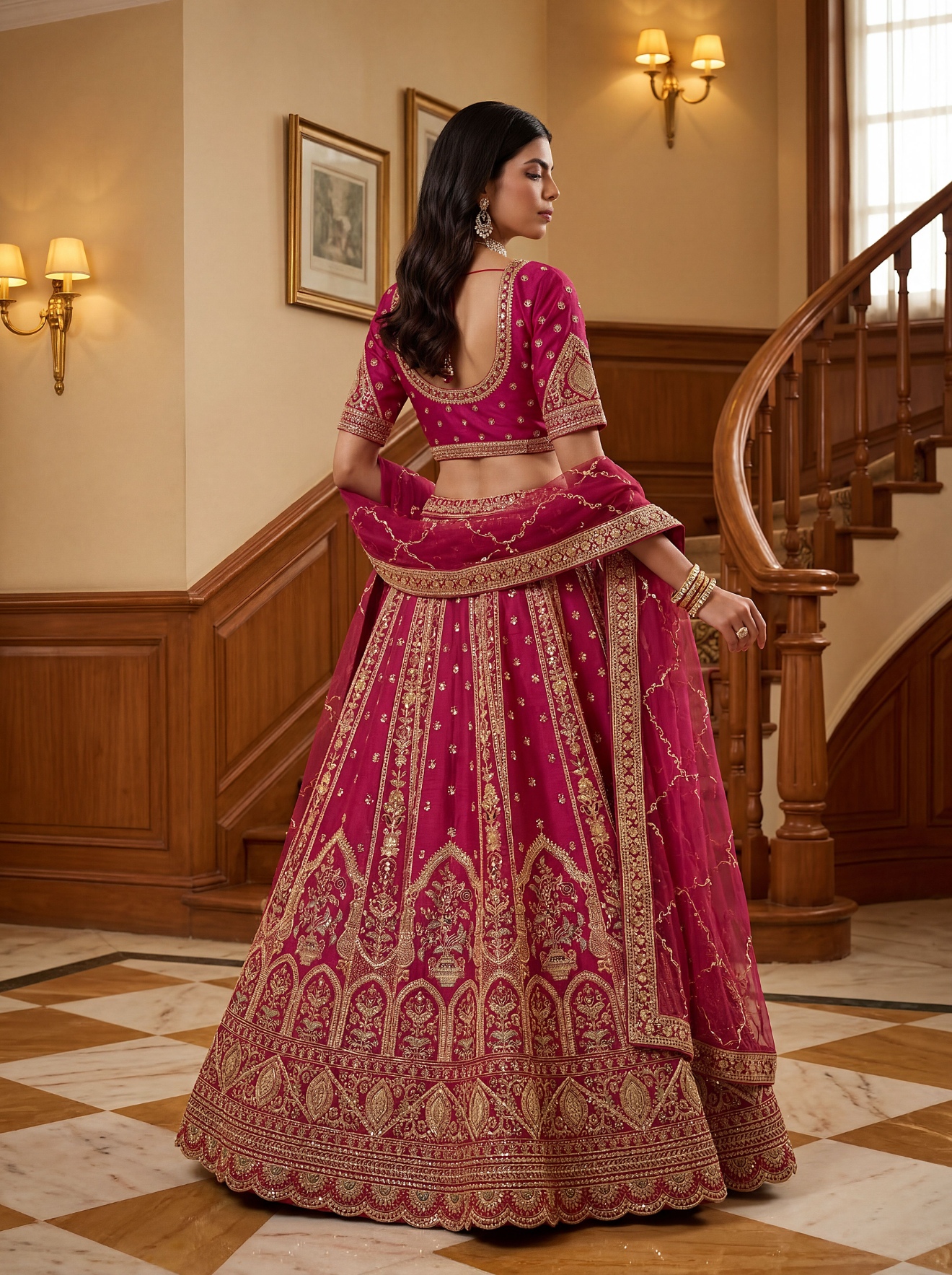Pink Elegant Multi Thread Embroidered Gadhwal Silk Lehenga Choli — alternate view