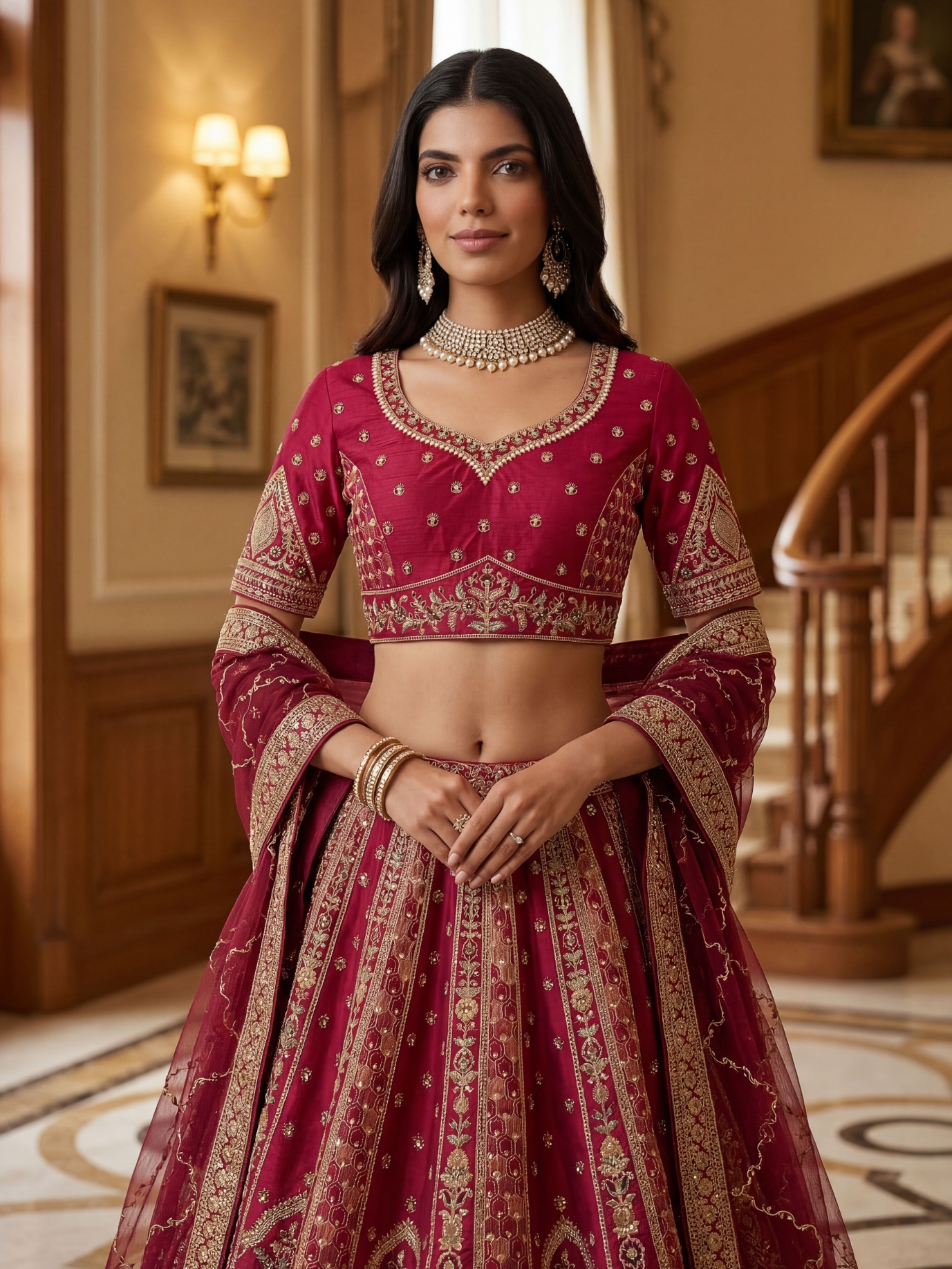 Pink Elegant Multi Thread Embroidered Gadhwal Silk Lehenga Choli
