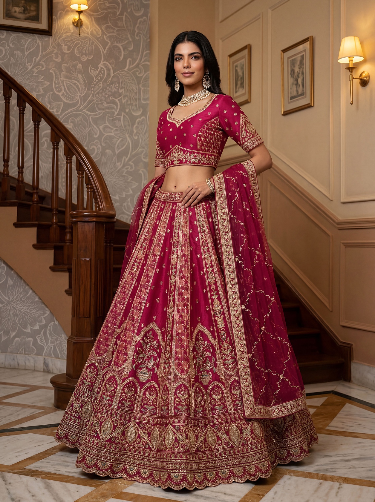 Pink Elegant Multi Thread Embroidered Gadhwal Silk Lehenga Choli