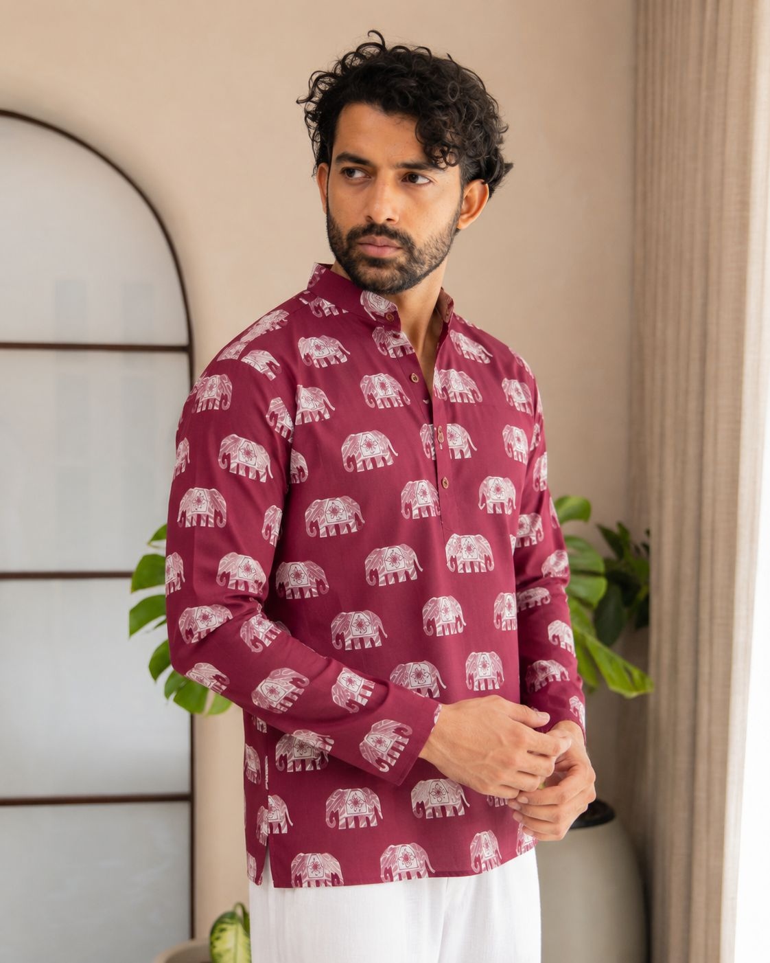 Pink Elephant Motif Printed Swiss Linen Short Kurta