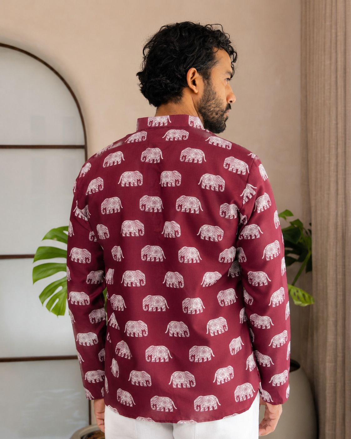 Pink Elephant Motif Printed Swiss Linen Short Kurta — alternate view