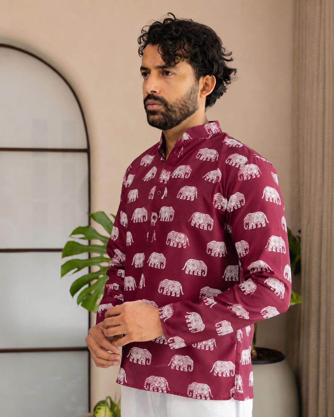Pink Elephant Motif Printed Swiss Linen Short Kurta