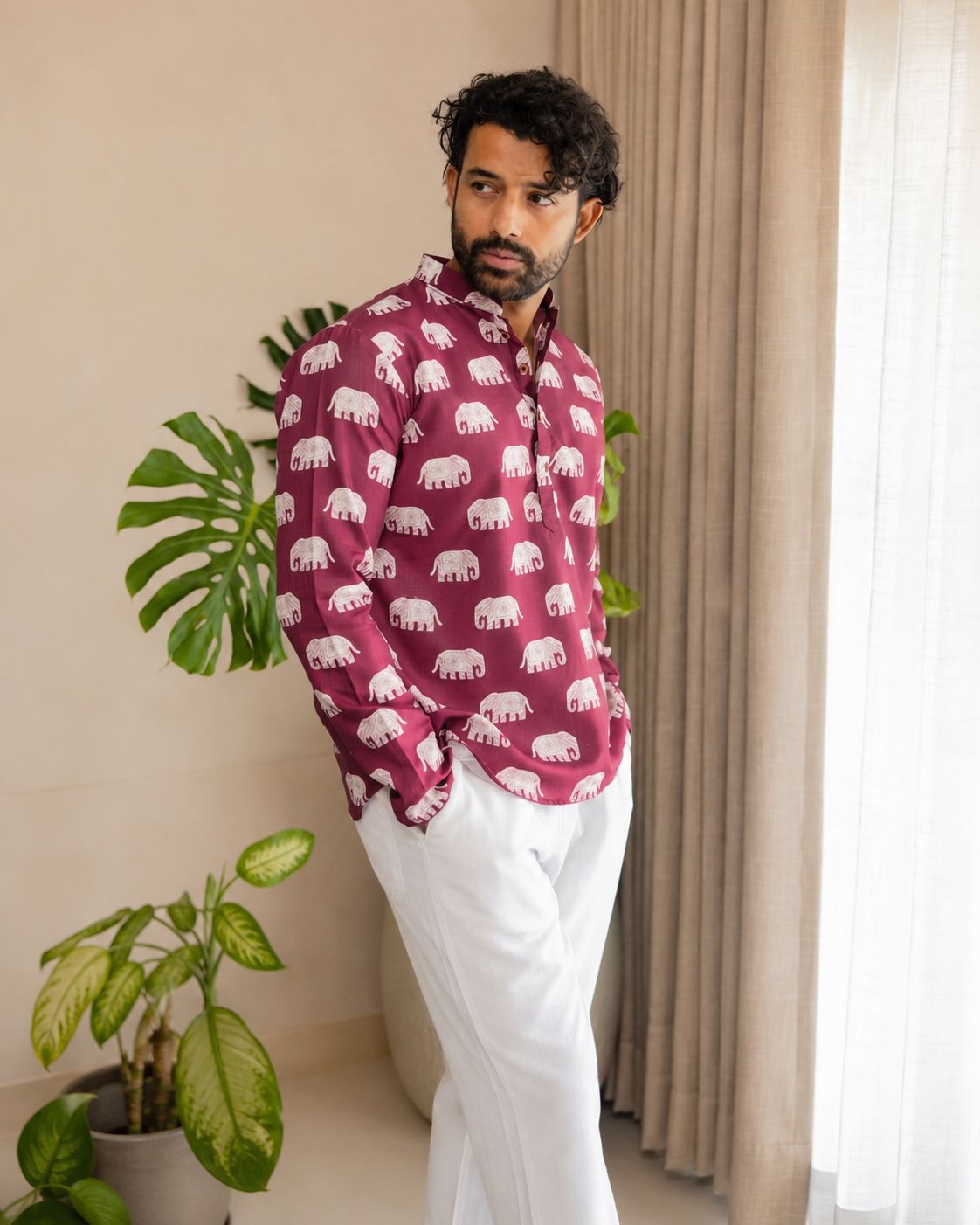 Pink Elephant Motif Printed Swiss Linen Short Kurta