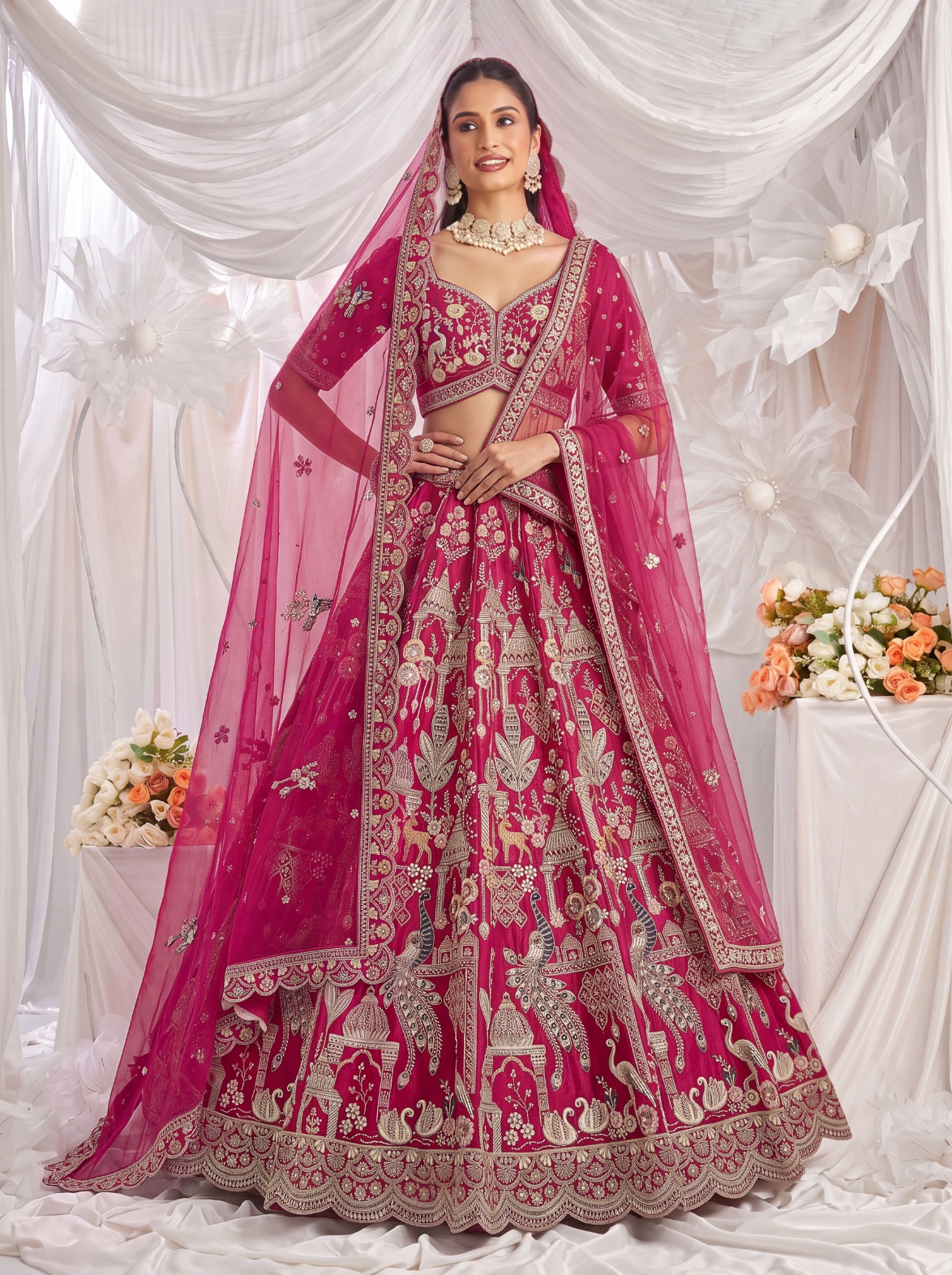 Pink Elephant Zari Sequins Silk Bridal Lehenga Choli