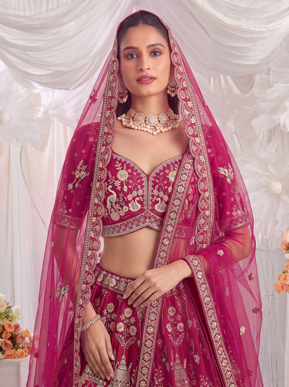 Pink Elephant Zari Sequins Silk Bridal Lehenga Choli