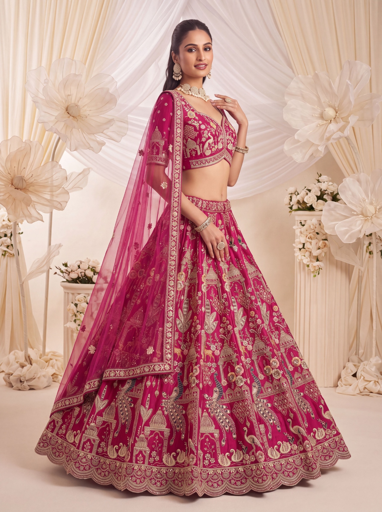 Pink Elephant Zari Sequins Silk Bridal Lehenga Choli