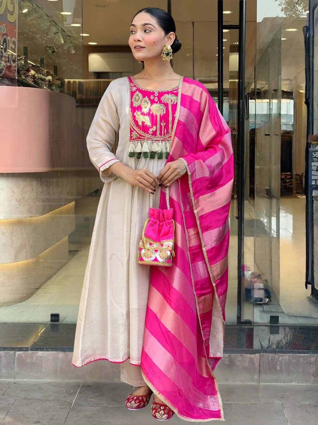 Pink Embroidered A-Line Salwar Suit