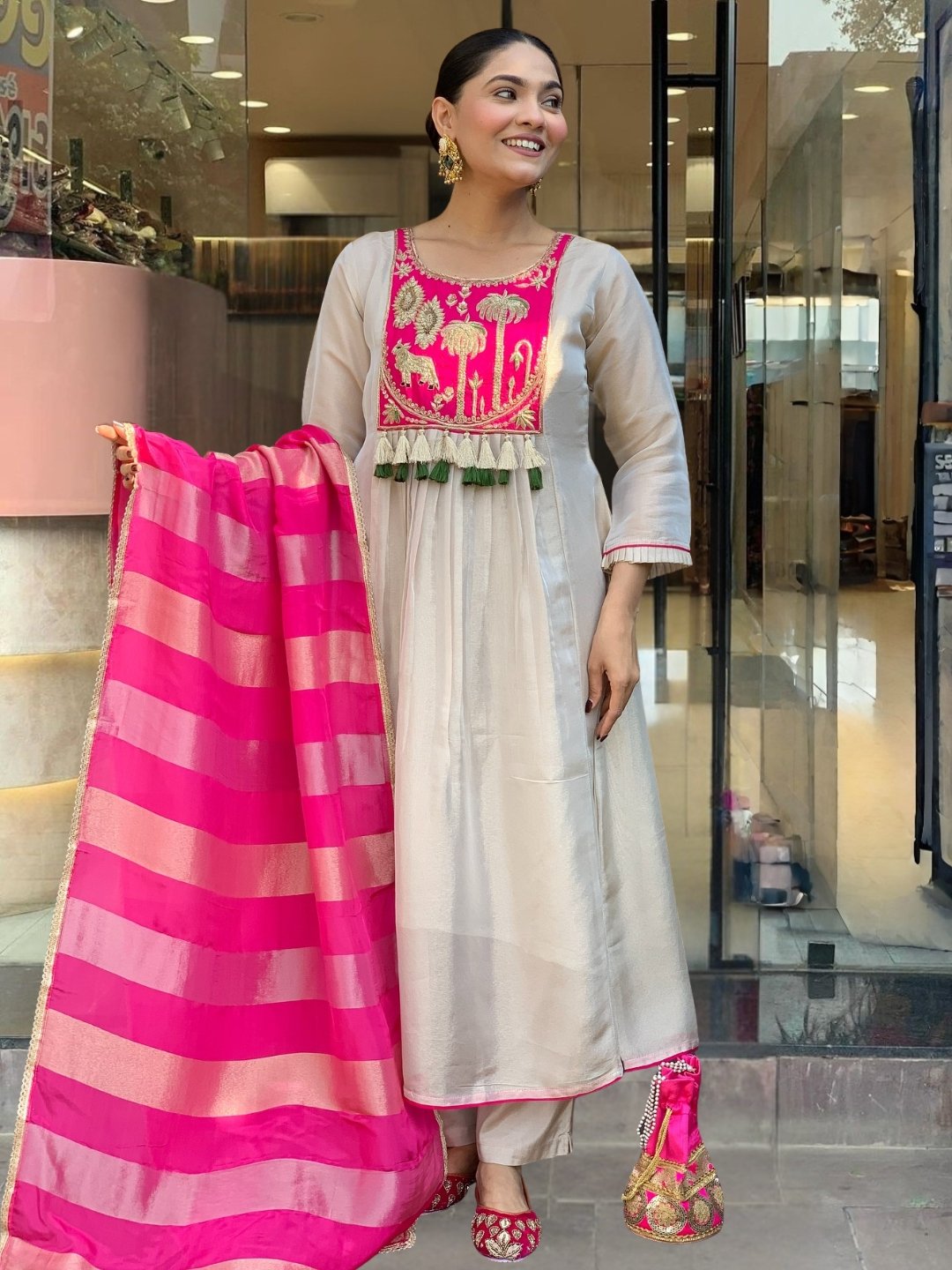 Pink Embroidered A-Line Salwar Suit